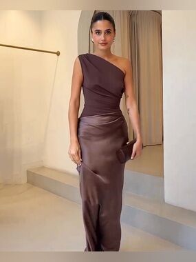 One-Shoulder Chocolate Brown Satin Evening Gown